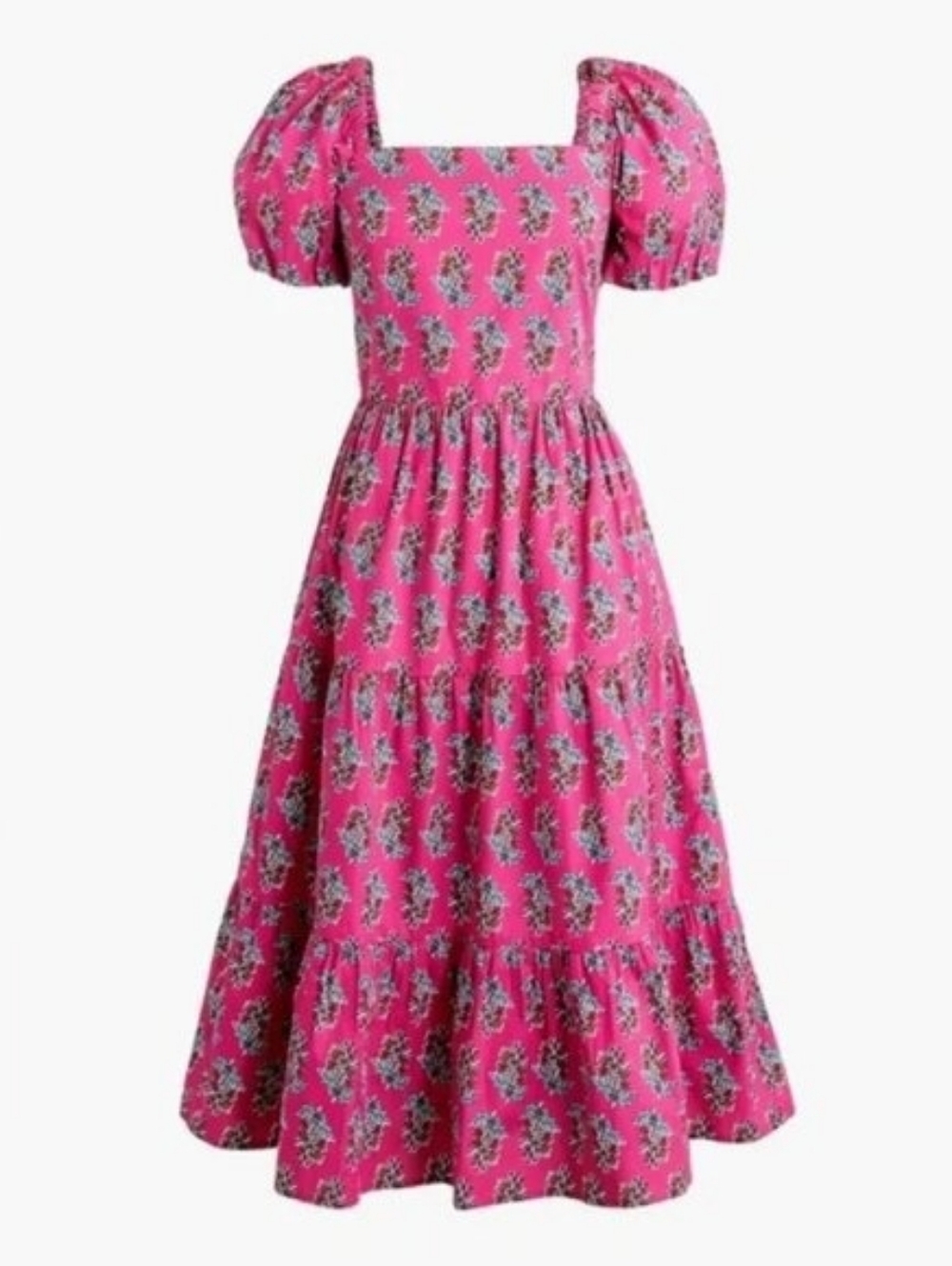 J.Crew Pink Floral Midi Dress with Puff Sleeves